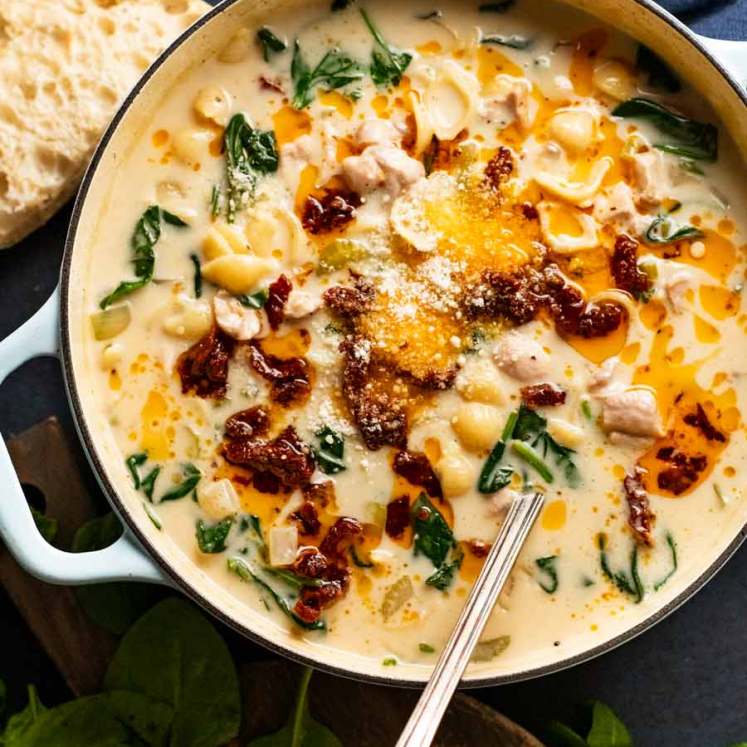 Pot of freshly made Creamy Tuscan Chicken Soup