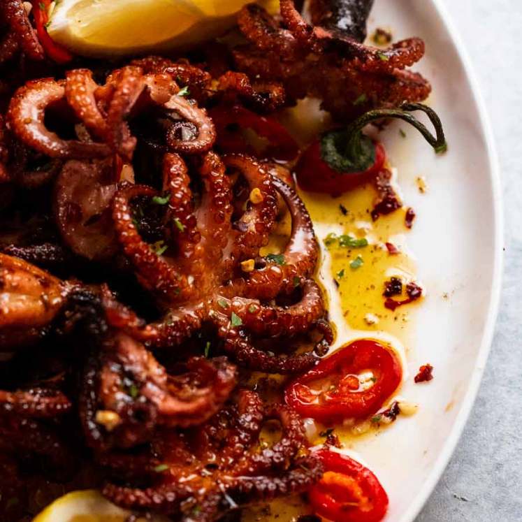 Close up of Crispy marinated baby octopus