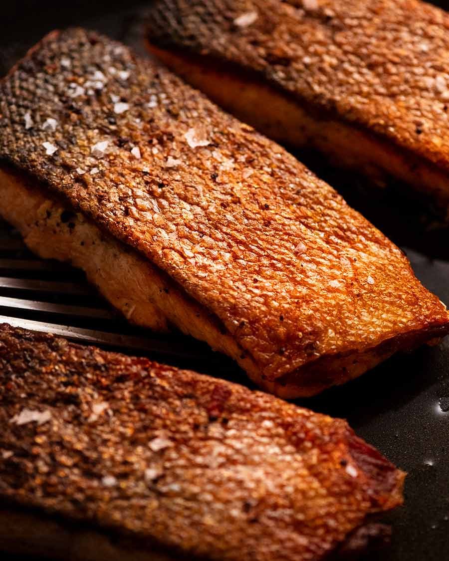 Crispy Skin Salmon in a skillet, fresh off the stove