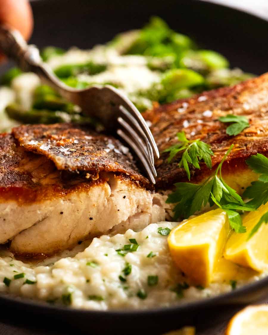 Crispy Skin Barramundi served with easy No-Stir Creamy Lemon Risotto