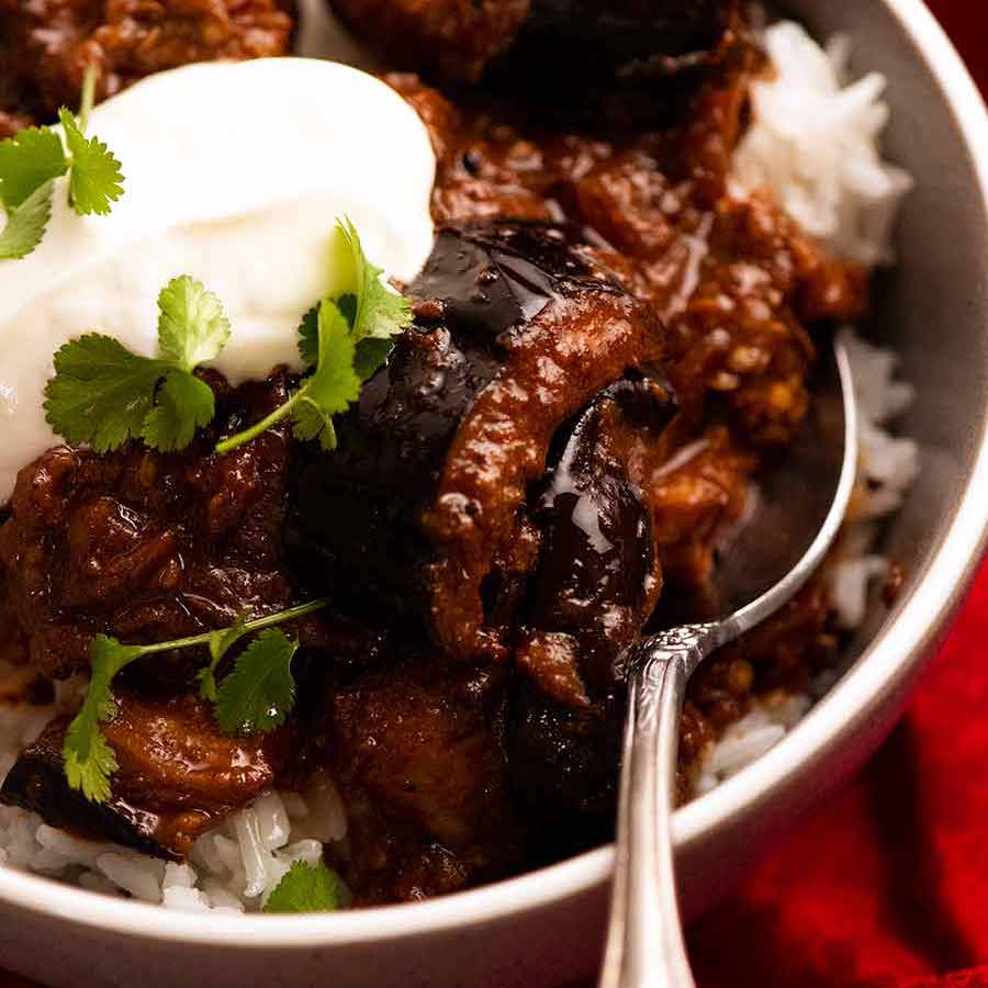 Close up of bowl of Indian Eggplant Curry