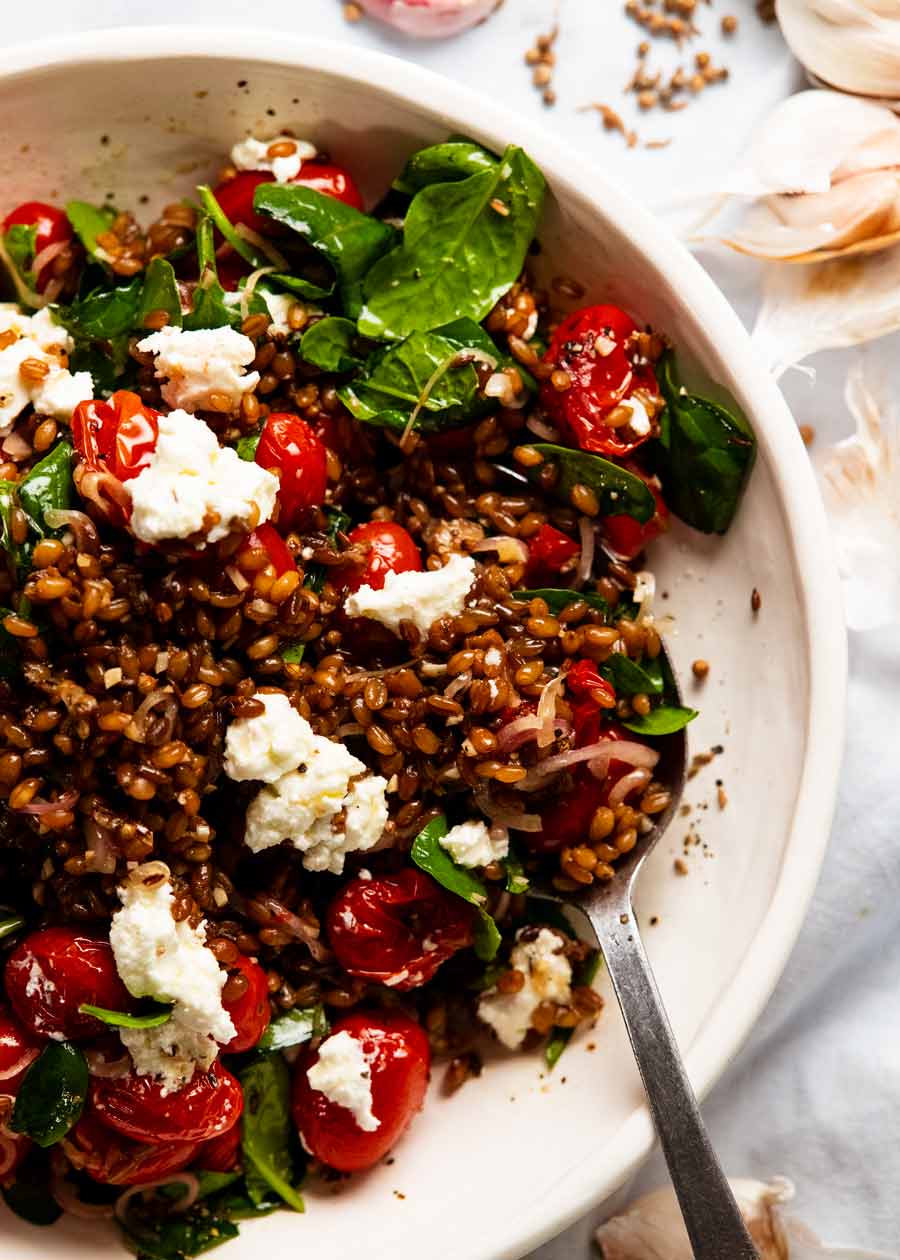 Overhead dish of Farro Salad