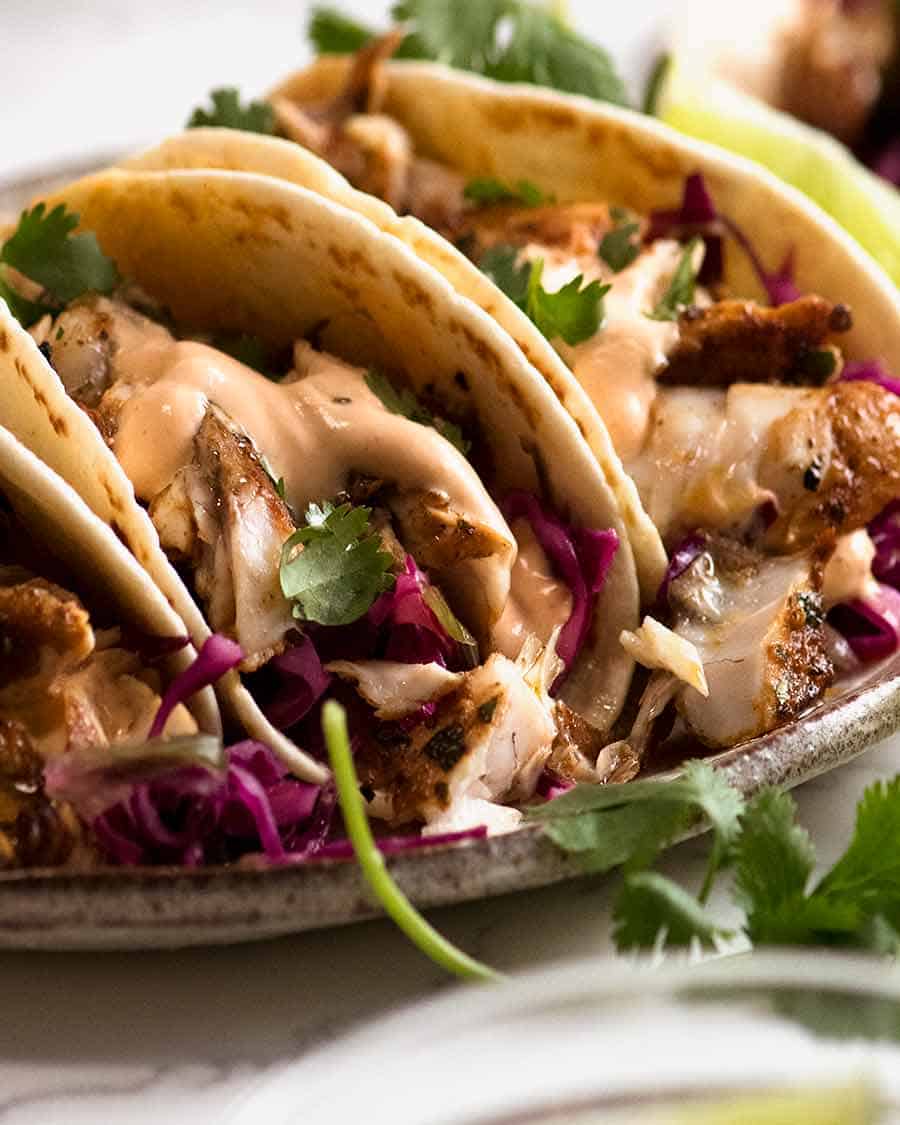 Close up of Fish Tacos, ready to be eaten