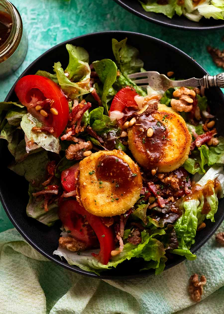 Overhead photo of Close up chowing melting inside of French Goats Cheese on Warm French Goat's Cheese Salad (Salade de Chêvre Chaud)