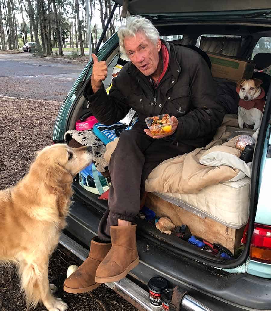 Dozer the golden retriever dog homeless man at dog park Bayview - grilled shrimp / prawns