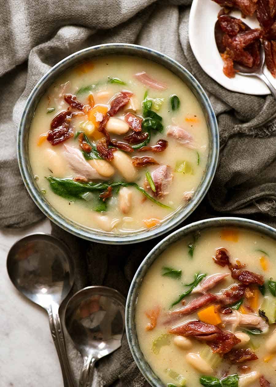 Overhead photo of two bowls with Slow Cooker Ham Bone Soup with Beans