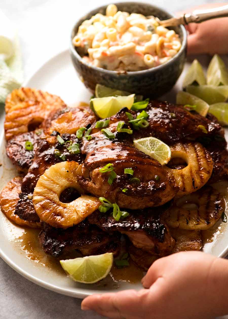 Platter of Hawaiian Huli Huli Chicken with macaroni salad on the side