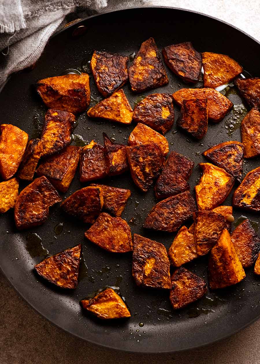 Skillet with pan roasted Honey Cinnamon spiced pumpkin