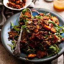 Honey Cinnamon Pumpkin Lentil Salad on a platter ready to be served