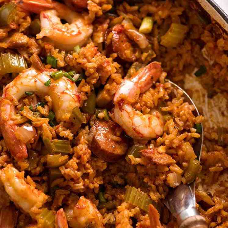 Jambalaya in a pot, ready to be served