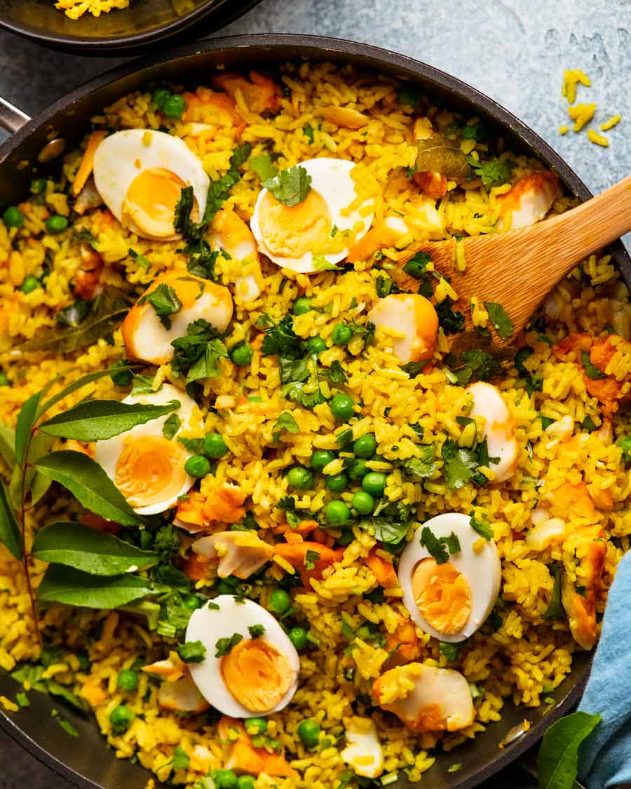 Overhead photo of Kedgeree - English fish and rice