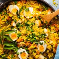 Overhead photo of Kedgeree - English fish and rice