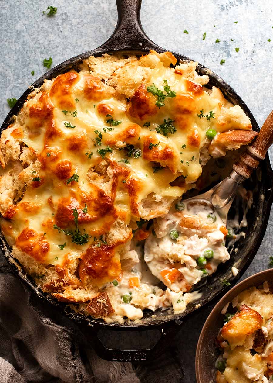 Overhead photo of Leftover Turkey Pot Pie, fresh out of the oven