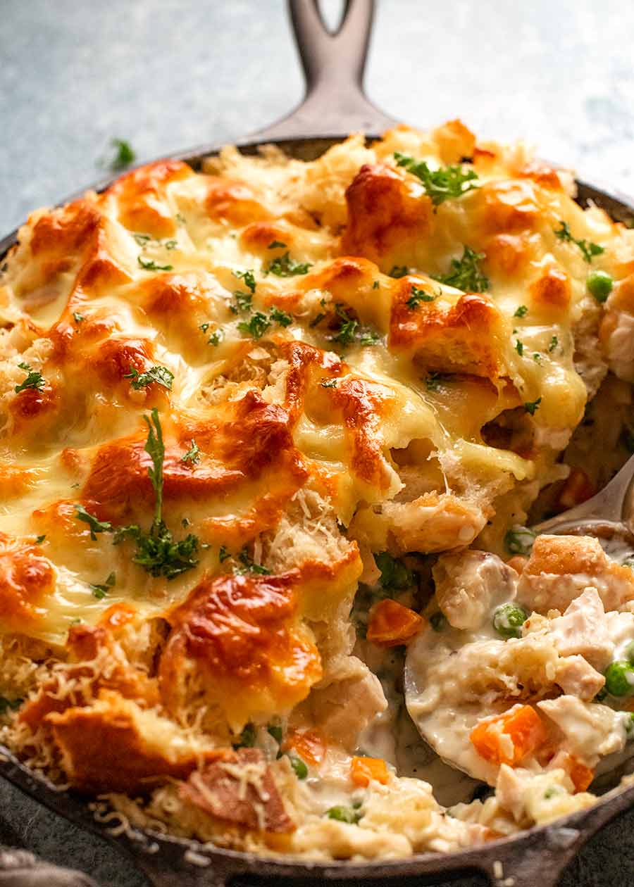 Leftover Turkey Pot Pie in a skillet, fresh out of the oven