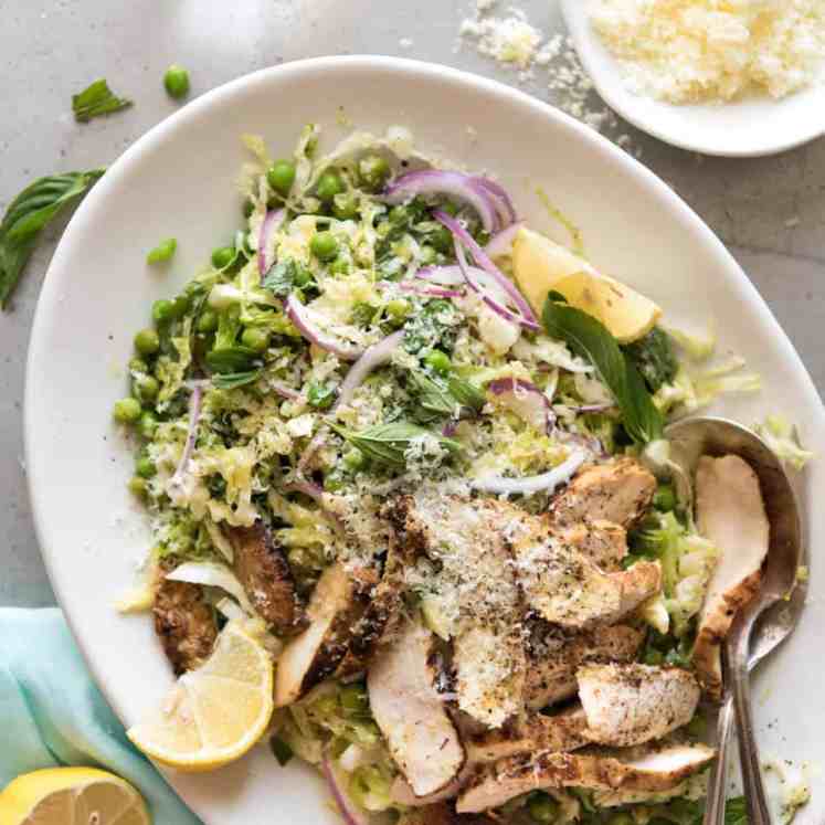 Lemon Parmesan Cabbage Salad with Grilled Chicken - A fabulous utterly addictive salad that you just can't stop eating! recipetineats.com