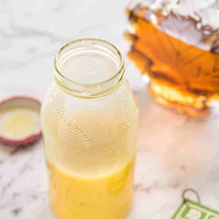 Maple Syrup Dressing made with maple syrup, cider vinegar, olive oil and mustard. Pairs especially well with roasted vegetable salads in a small bottle.