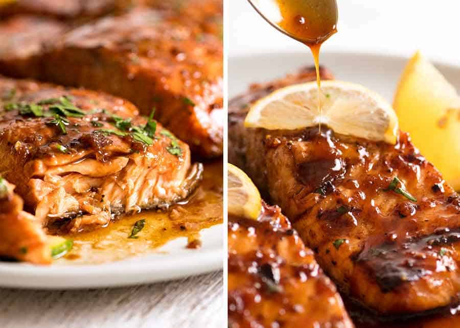 Close up of sauce being drizzled over Marinated Grilled Salmon