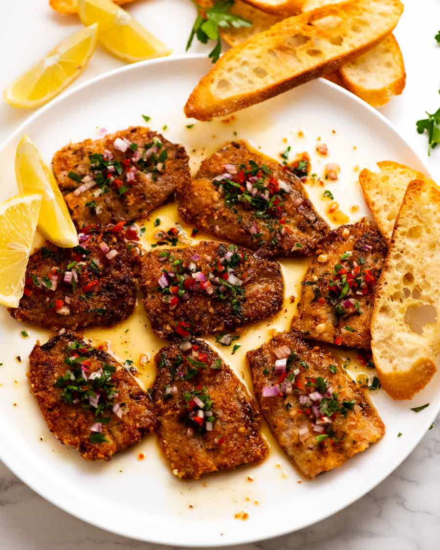 Overhead photo of plate of Mediterranean Crusted Sardines