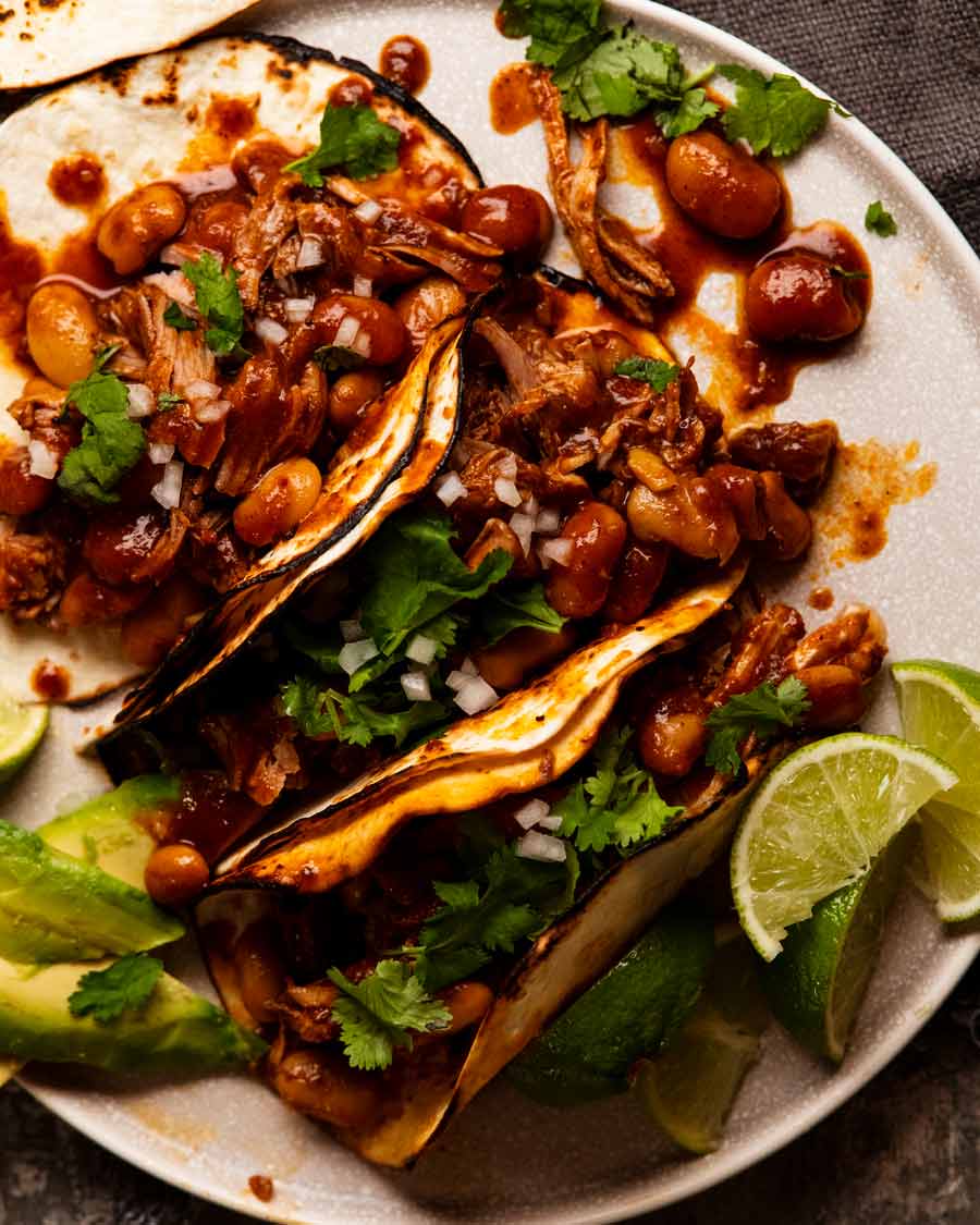 Plate of tortillas stuffed with Mexican Chipotle Pork and Beans