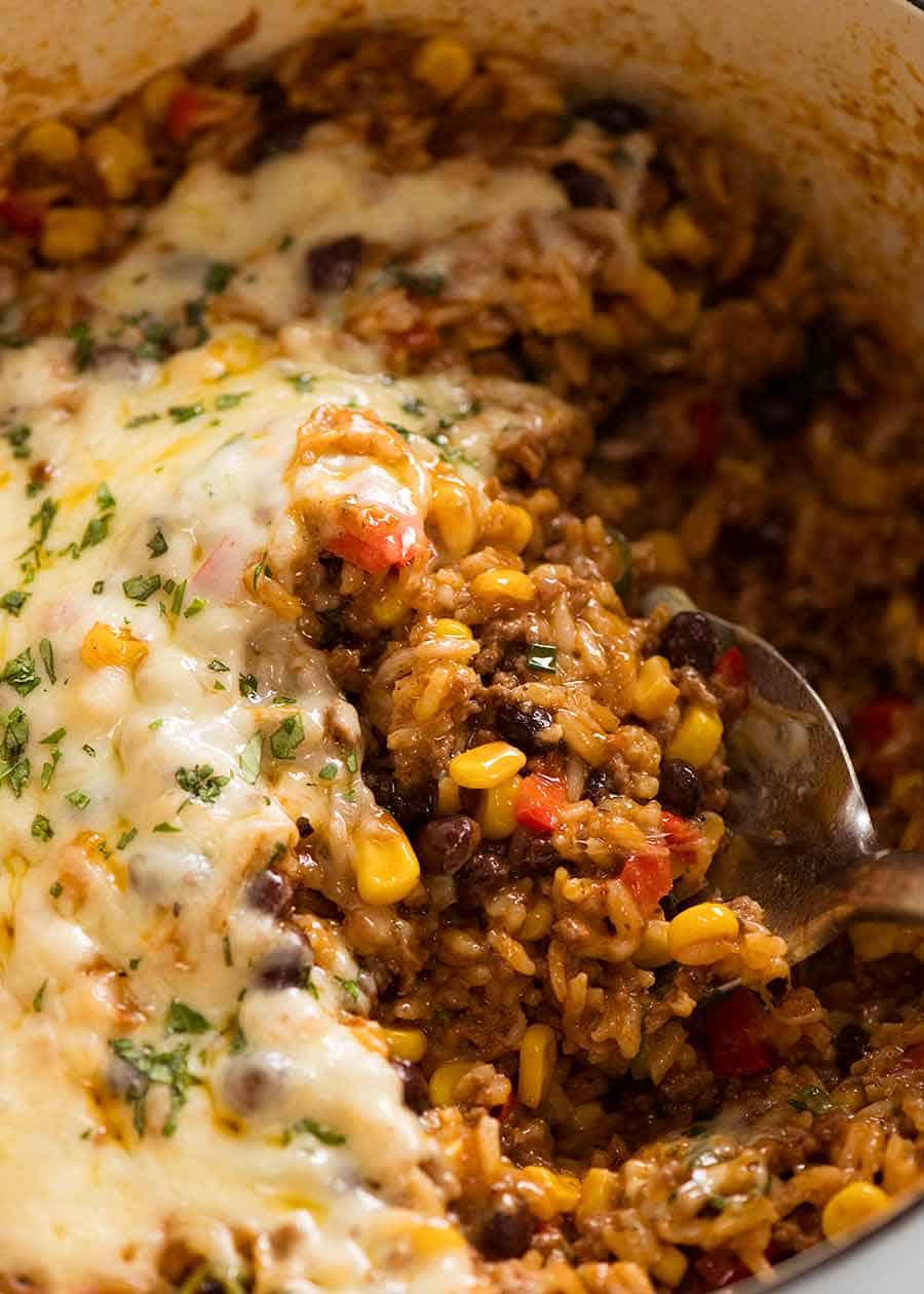 Close up of Mexican Ground Beef Casserole with Rice in a pot, fresh off the stove