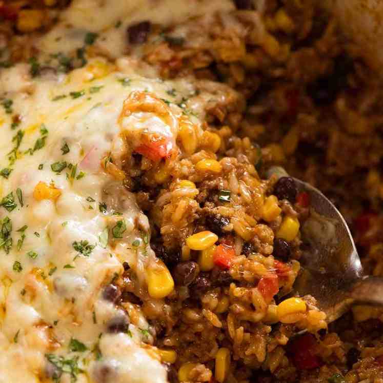 Close up of Mexican Ground Beef Casserole with Rice in a pot, fresh off the stove