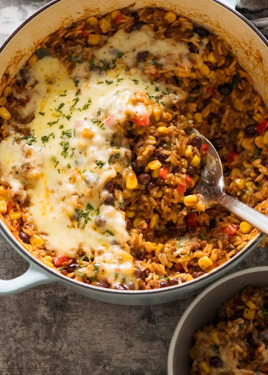 Pot of Mexican Beef Mince Rice Casserole, fresh off the stove ready to be served.