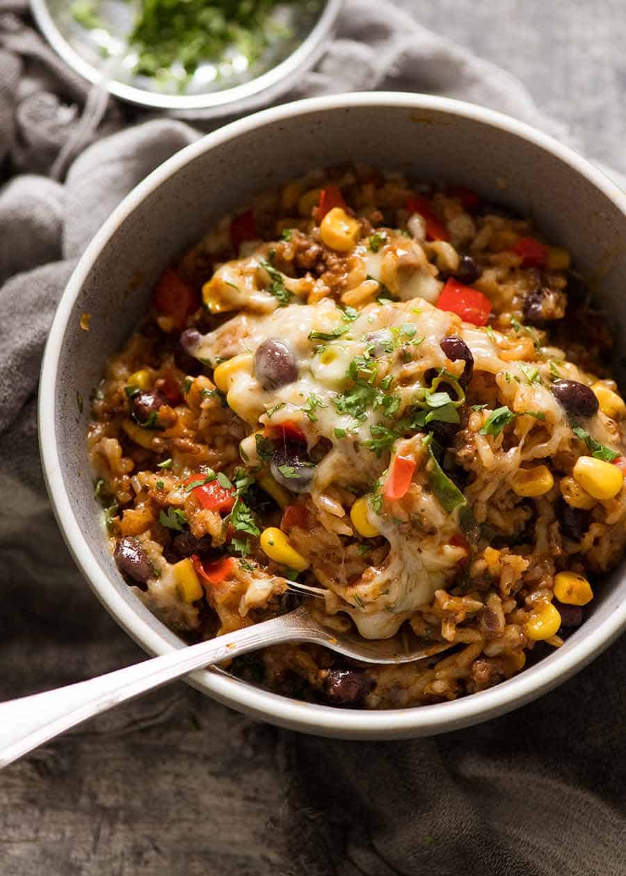 Mexican Ground Beef Casserole with Rice in a bowl, ready to be eaten