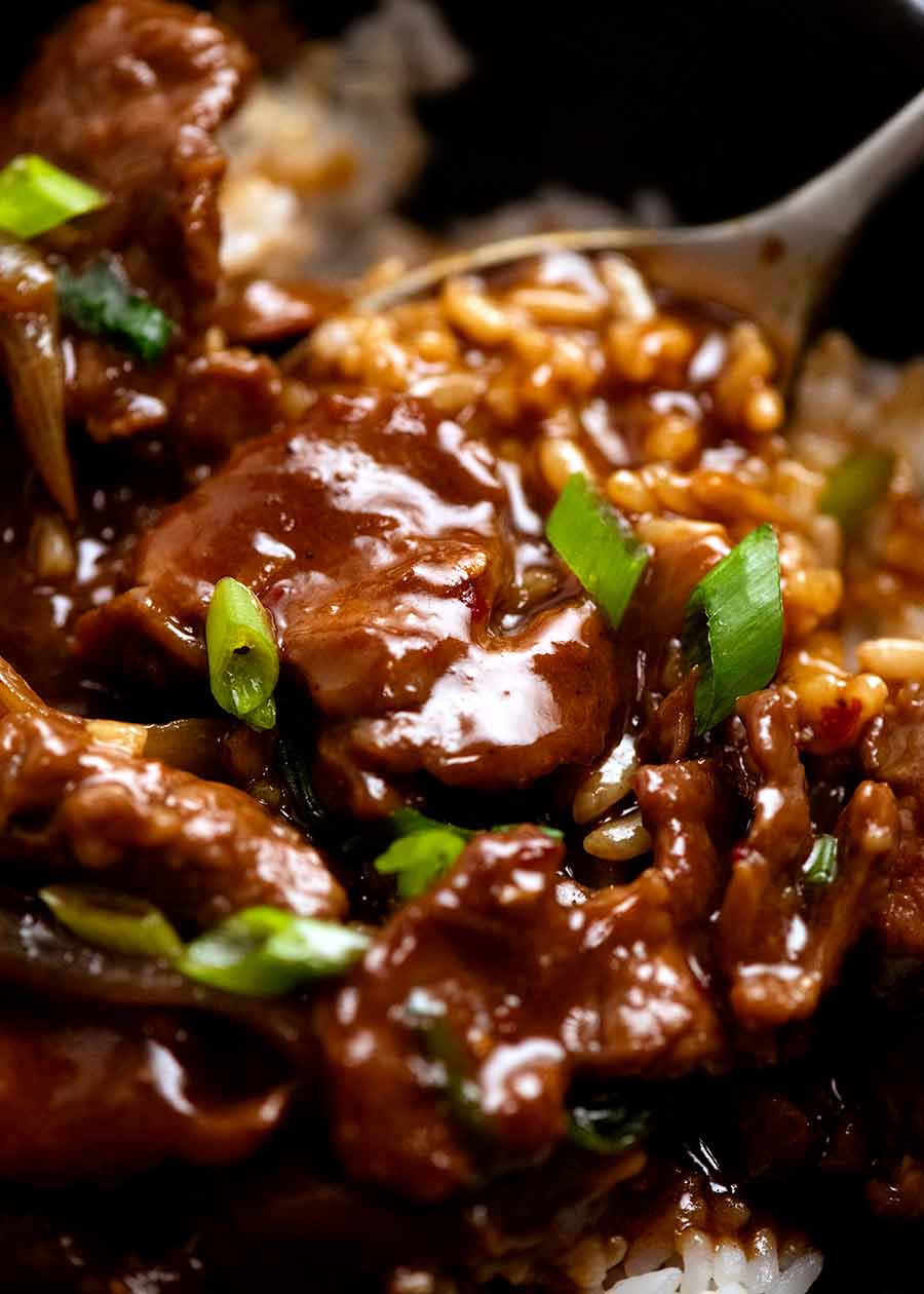 Close up of Mongolian Lamb in a bowl with rice