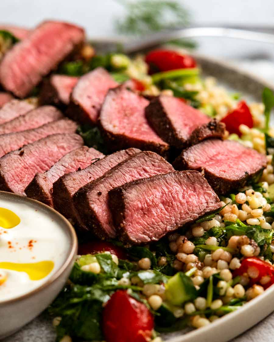 Close up of slices of Moroccan lamb backstrap