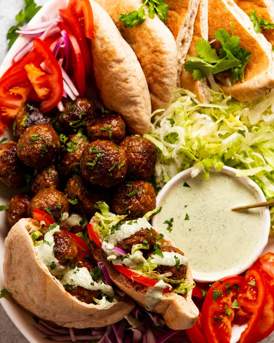 Platter of Moroccan lamb meatballs and pita bread