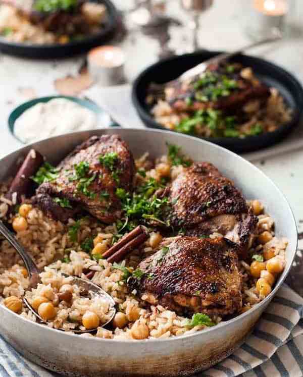 Baked Chicken Shawarma and Rice baked in one pan in a skillet, ready to be served.