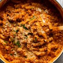 Pot of freshly made One pot creamy tomato beef pasta