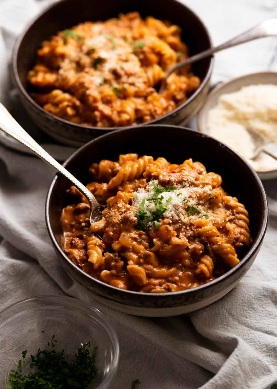 Bowls of One pot creamy tomato beef pasta ready to be eaten