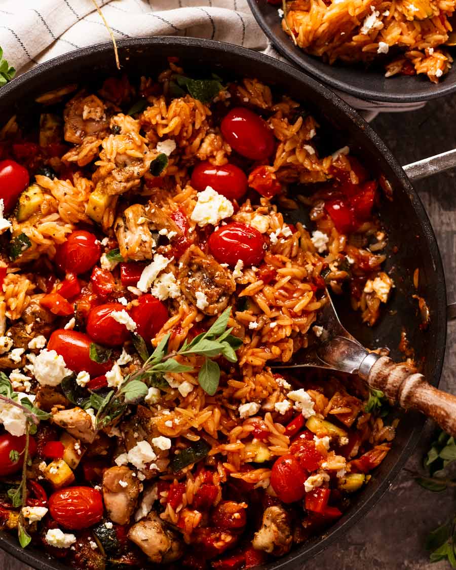 Overhead photo of One Pot Greek Chicken Risoni (Orzo)