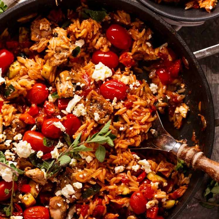 Overhead photo of One Pot Greek Chicken Risoni (Orzo)