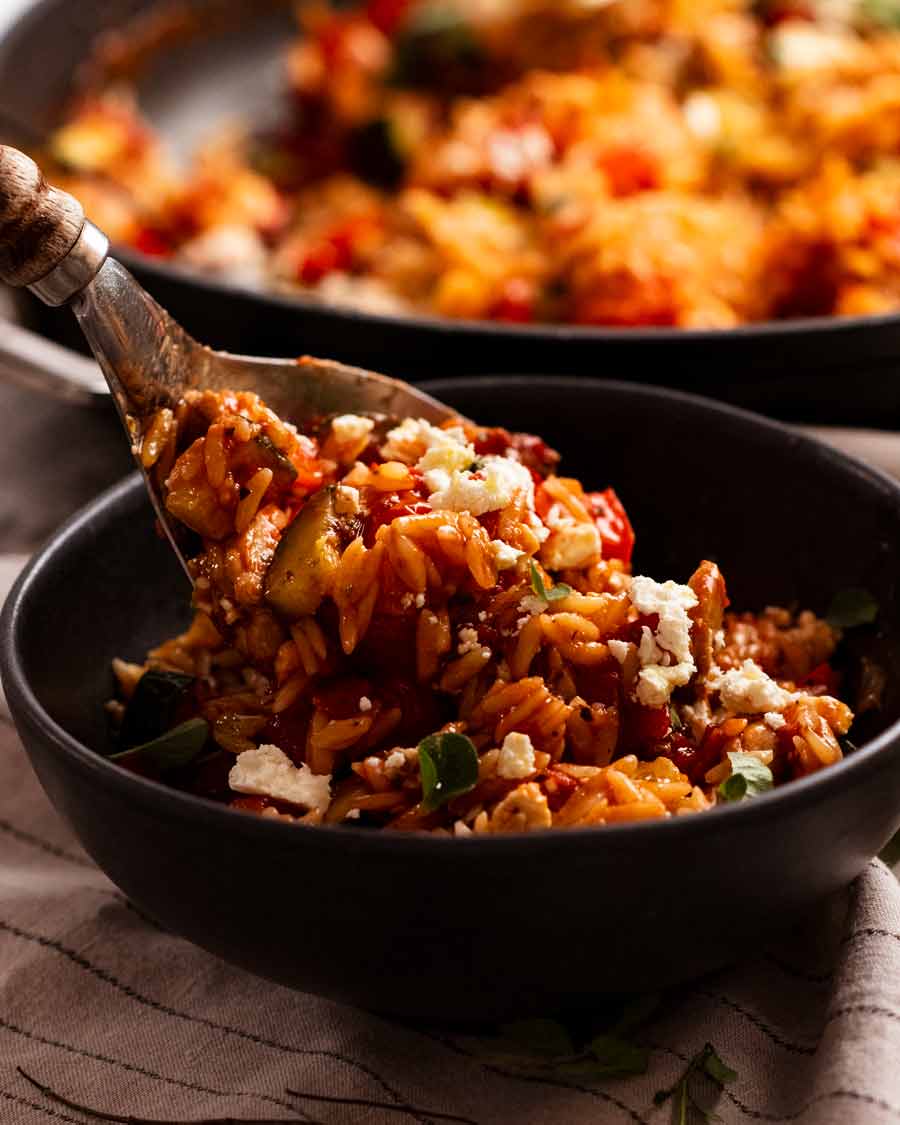 Serving One Pot Greek Chicken Risoni (Orzo)