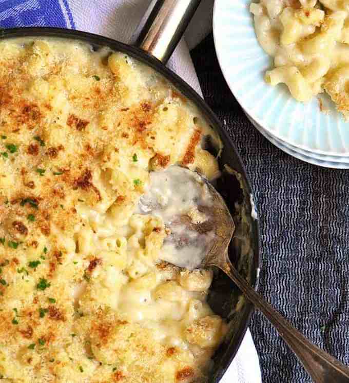 Closeup overhead photo of Baked One Pot Mac and Cheese