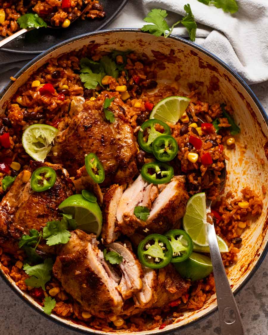 Overhead photo of freshly made One Pot Mexican Chicken and Rice