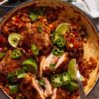 Overhead photo of freshly made One Pot Mexican Chicken and Rice