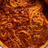 Close up of One Pot Pasta Bolognese, fresh off the stove