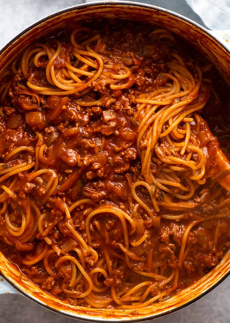 Pot of One Pot Pasta Bolognese, fresh off the stove