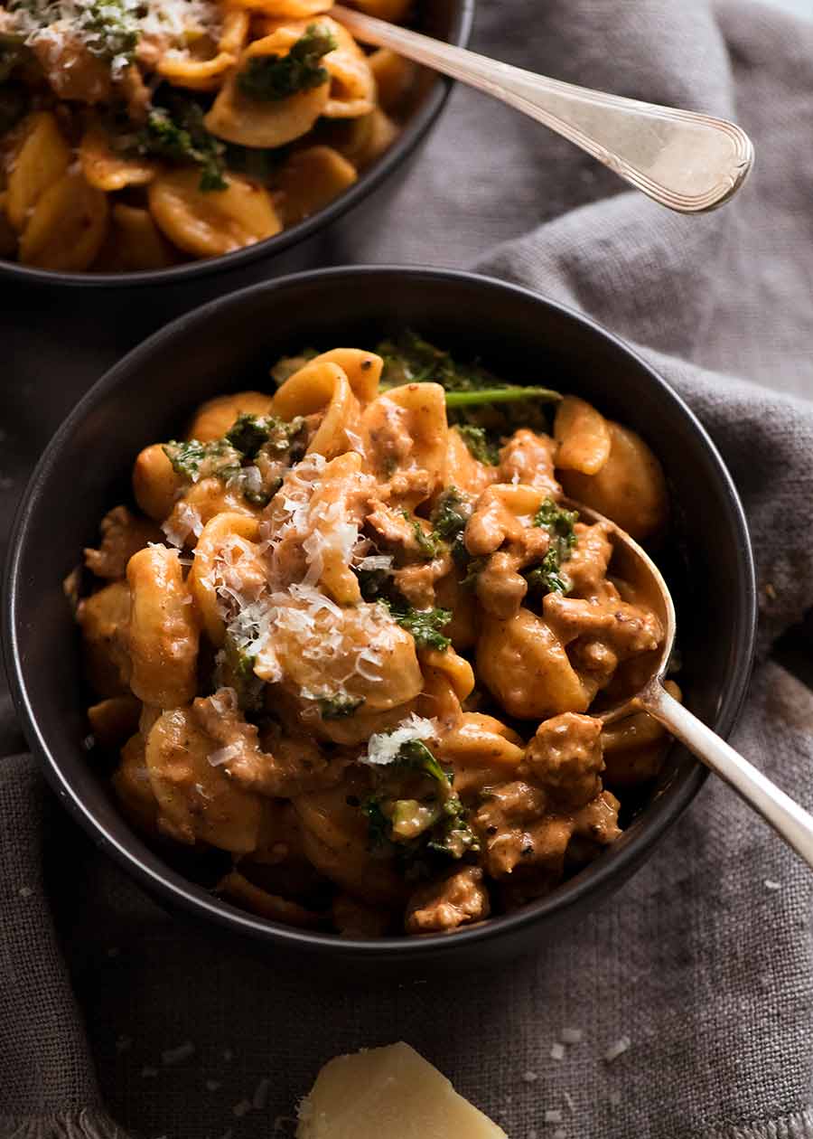 Overhead photo of Orecchiette Sausage Pasta in Creamy Tomato Sauce in bowl, ready to be eaten