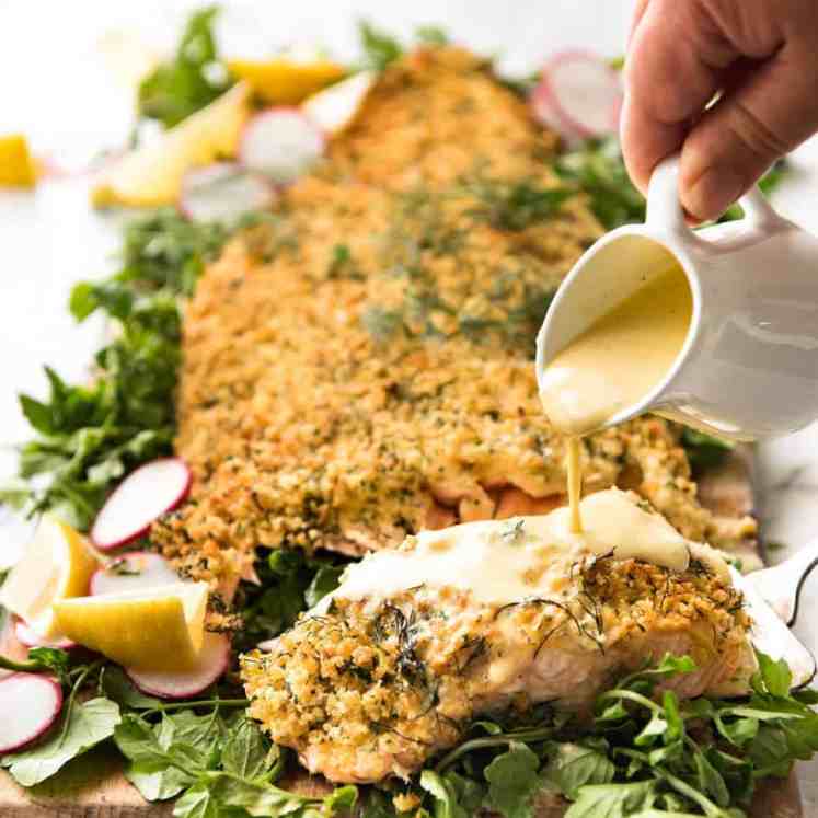 Baked Parmesan Crusted Salmon with Lemon Cream Sauce - easy and fast to make, can be prepared ahead, a stunning centrepiece for Christmas dinner and yet easy enough for midweek. That Lemon Cream sauce is the perfectly finishing tough. recipetineats.com