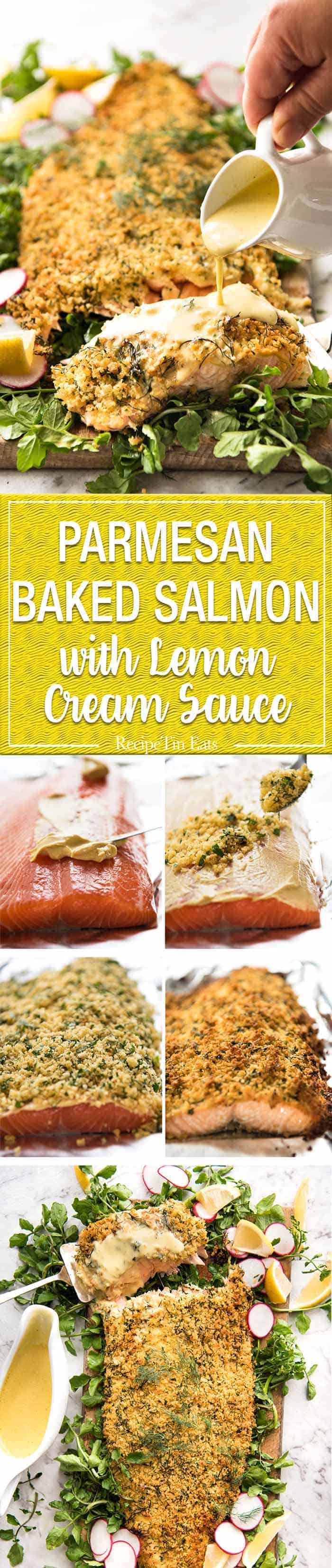 Baked Parmesan Crusted Salmon with Lemon Cream Sauce - easy and fast to make, can be prepared ahead, a stunning centrepiece for Christmas dinner and yet easy enough for midweek. That Lemon Cream sauce is the perfectly finishing tough. www.recipetineats.com