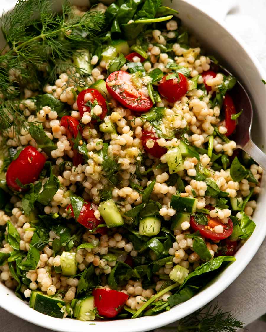 Overhead photo of Pearl couscous salad