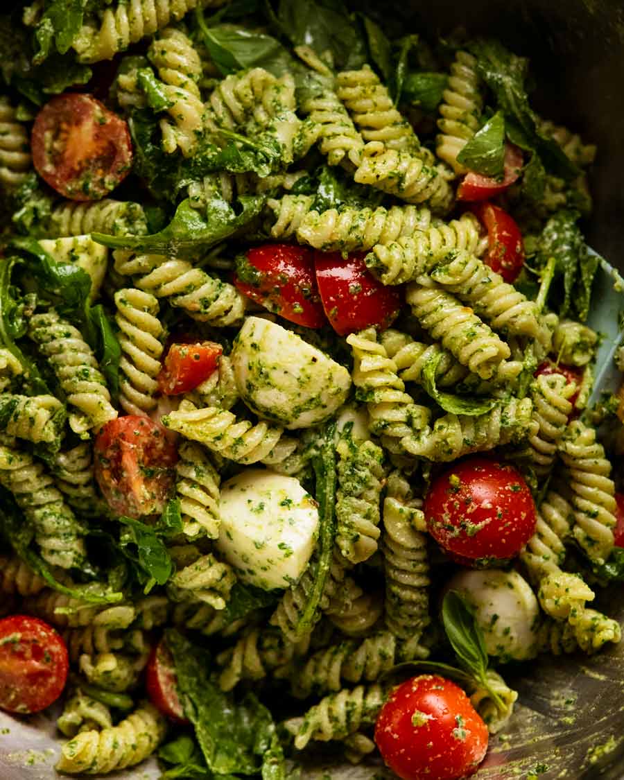 Close up of Pesto pasta salad in a bowl