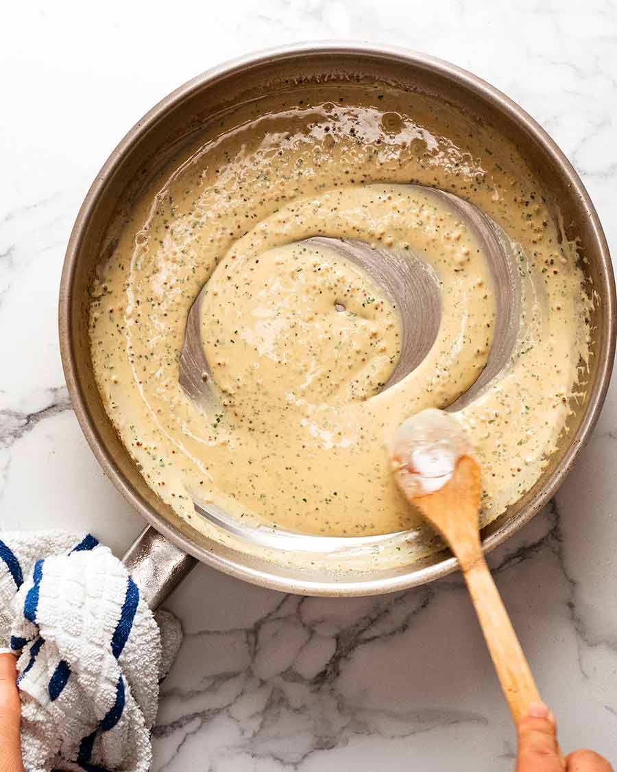 Creamy Mustard Sauce for pork tenderloin in a pan