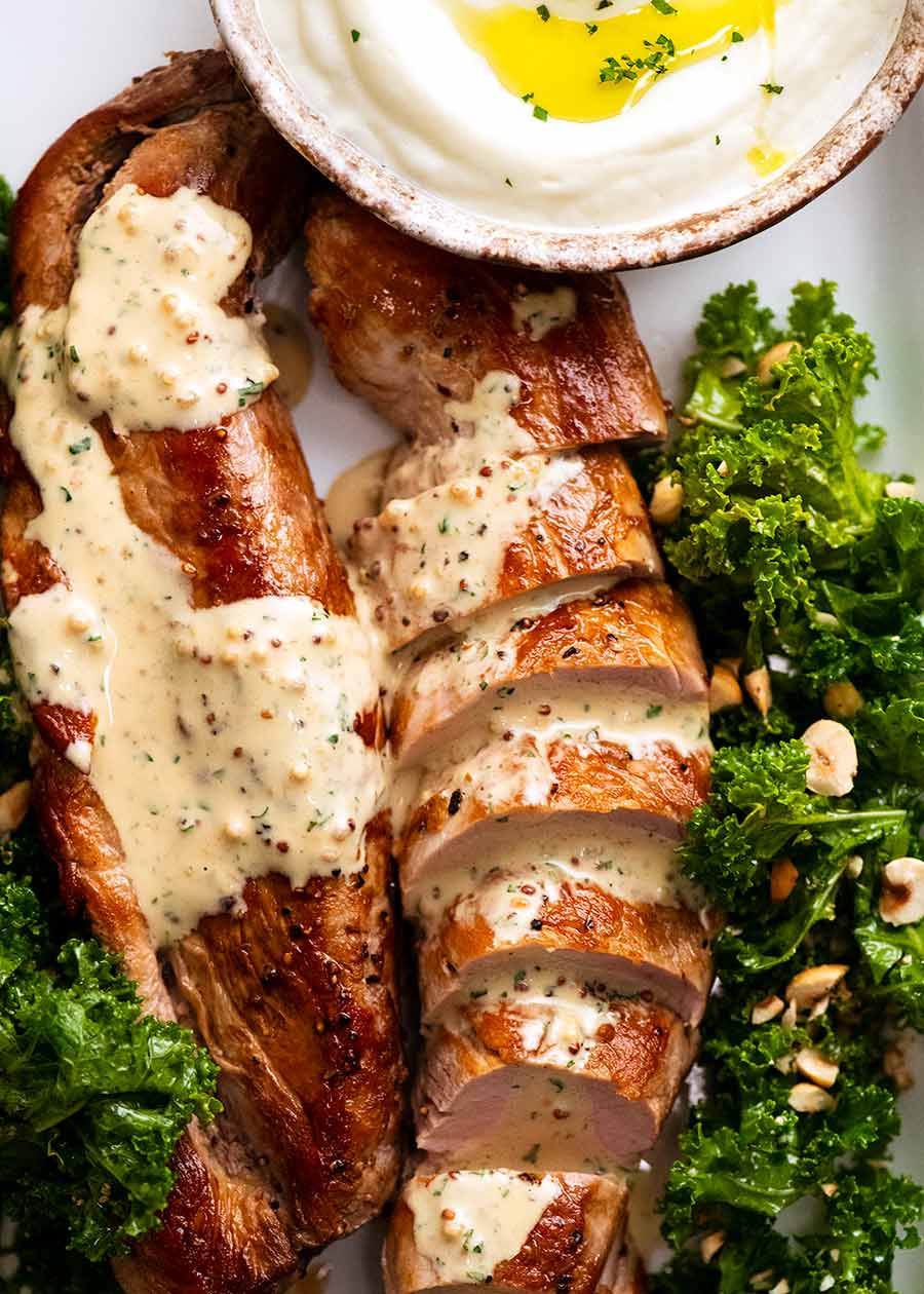 Overhead photo of Pork Tenderloin with Creamy Mustard Sauce