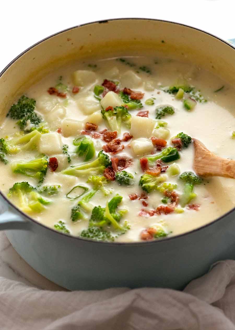 Broccoli and Potato Soup in a pot, fresh off the stove