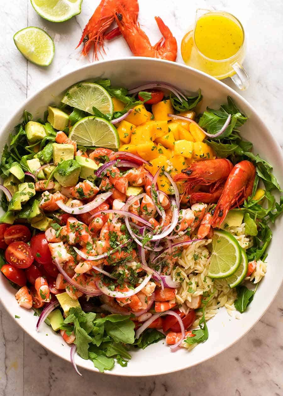 Prawn Mango Avocado Summer Salad with Lime Dressing overhead photo